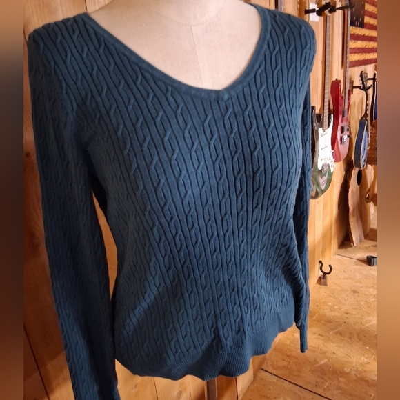 Talbots Pima Cotton Classic Cable V-Neck Sweater L- Teal - Picture 1 of 9